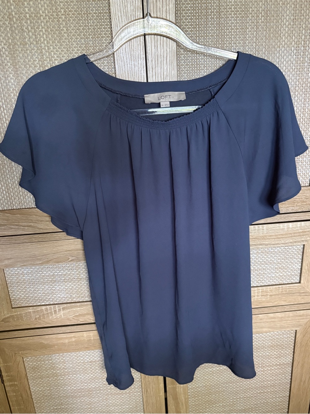 LOFT XS Navy Flutter-Sleeve Blouse with Gathered Neck